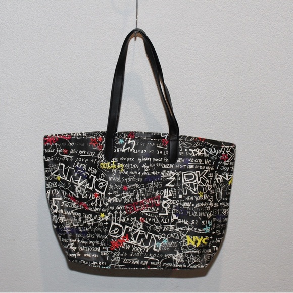 DKNY Ashlee Graffiti Tote Bag NYC Black Multicolor Women’s Purse - Picture 4 of 7